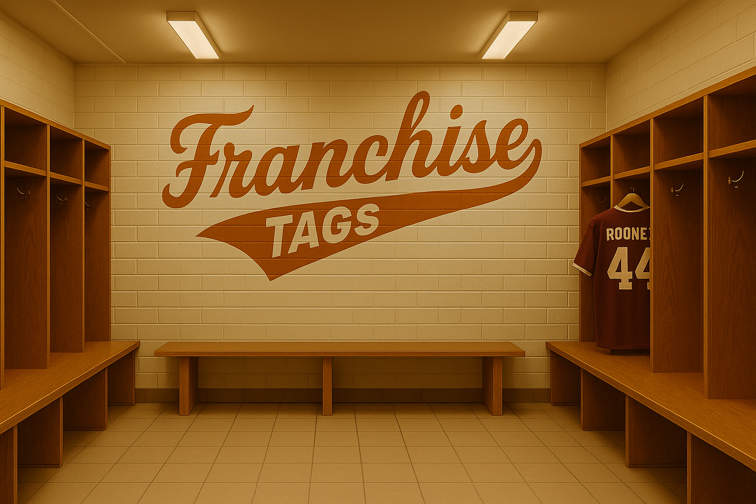 Dorm room with wooden lockers and a bench, featuring a 'Franchise Tags' logo on the wall.